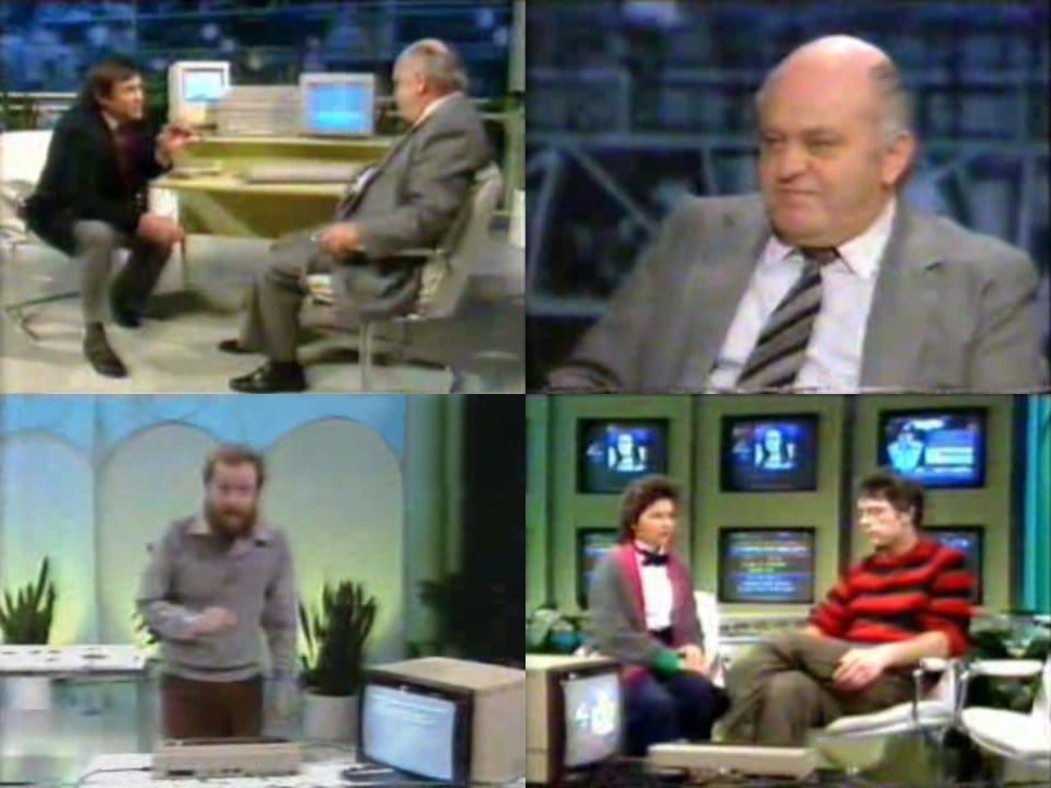 Blurry screengrabs from 1980s TV. Men in sober suits. One man with an enormous beard. A woman apparently wearing a bow tie.
