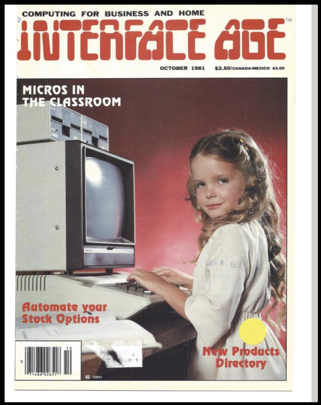 Interface Age magazine cover featuring a young girl with her hands on the keyboard of a giant microcomputer and staring straight at the camera