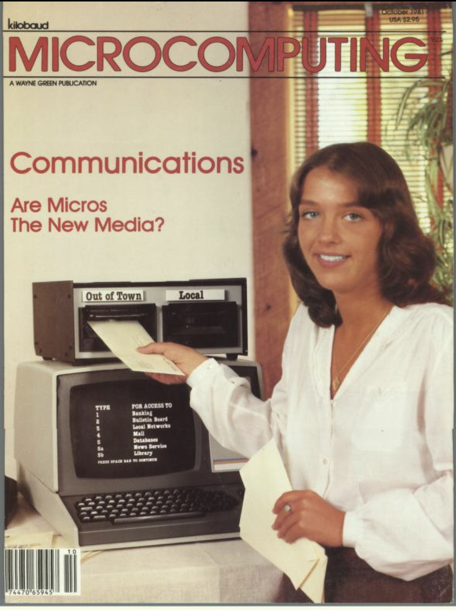 Microcomputing magazine cover shows a young woman in an office setup posting a letter "out of town" in a box above a computer
