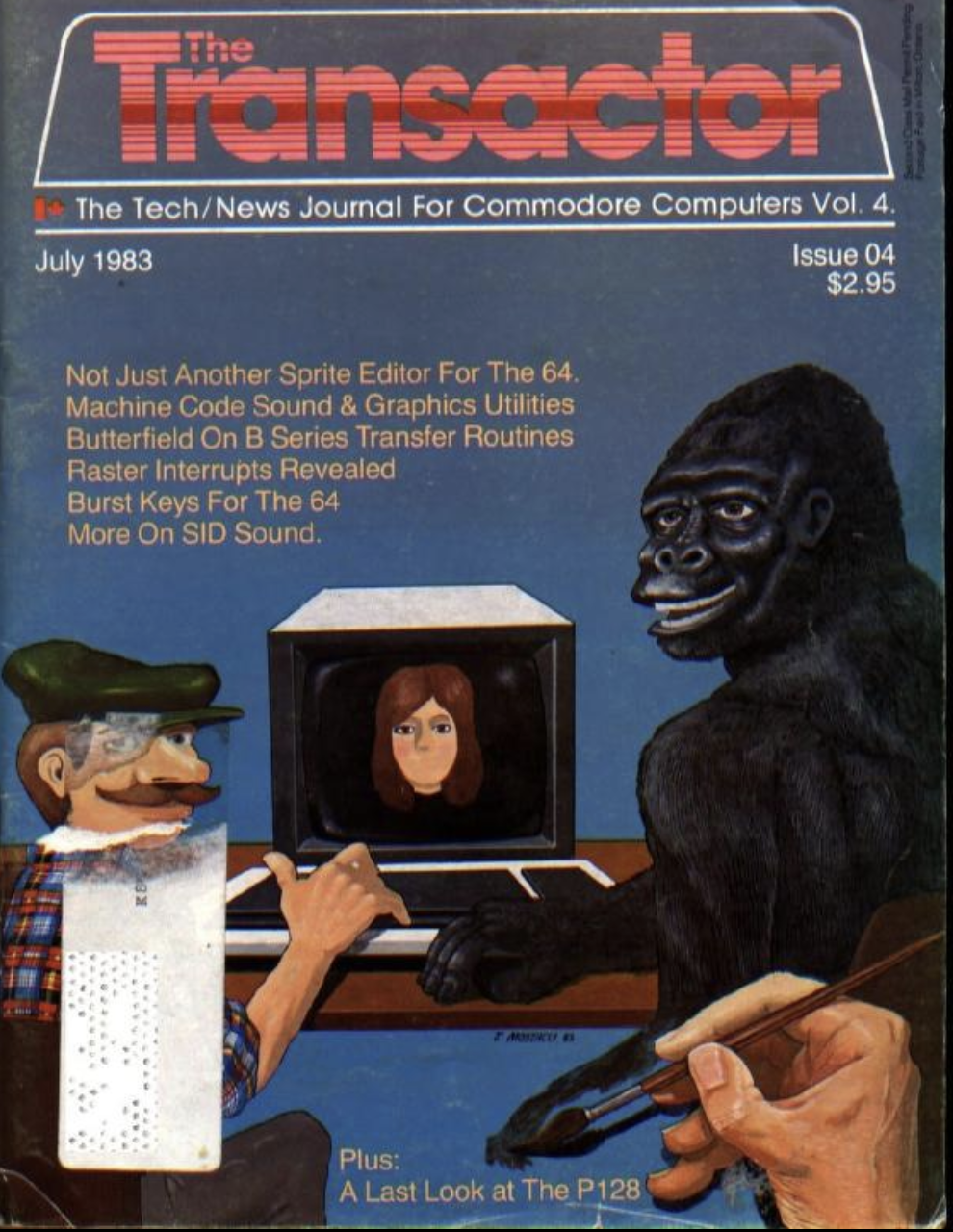 A painted cover of The Transactor depicting a human and a gorilla using a computer to create a picture of a woman's face