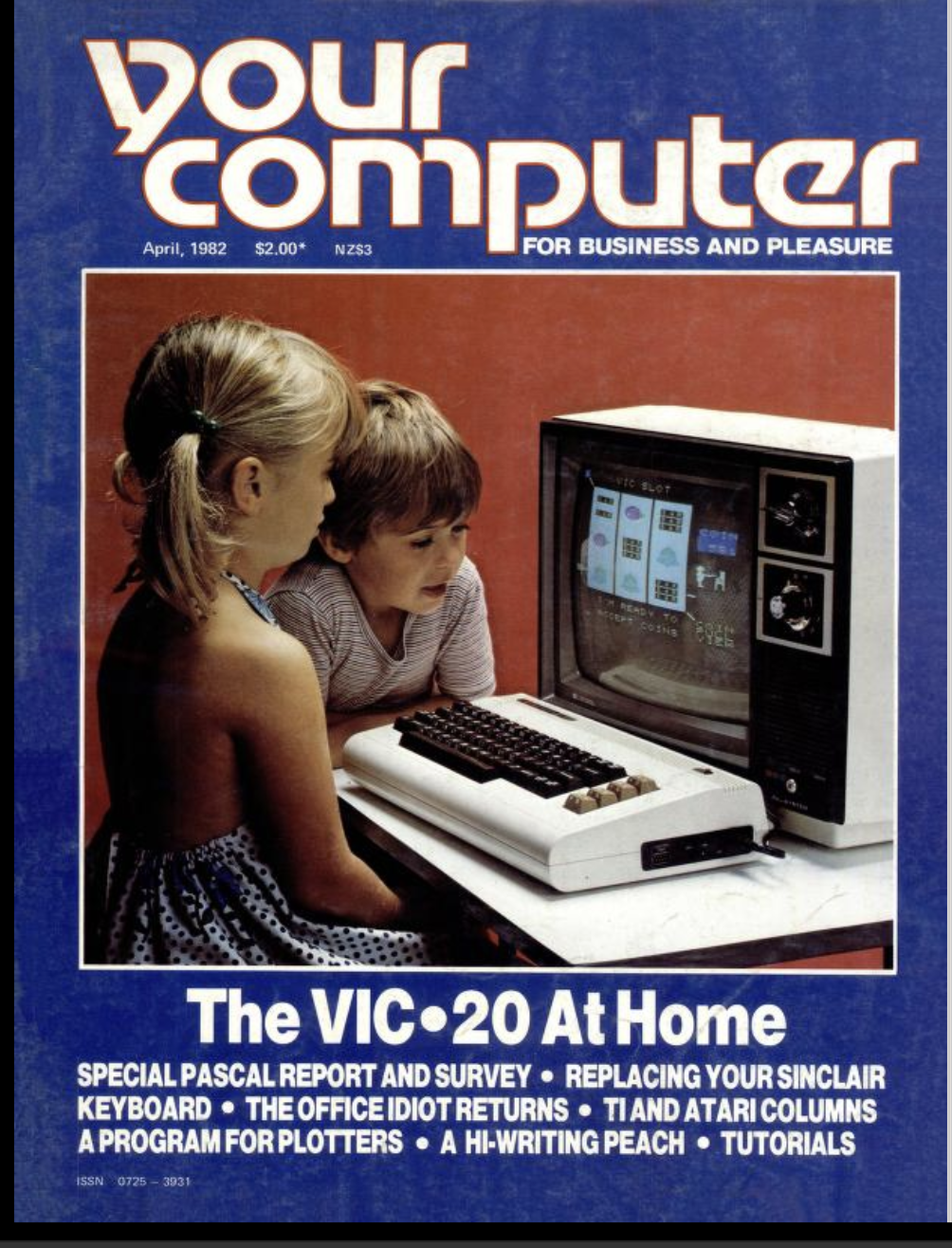 A young boy and girl look at a Vic-20 computer on this "Your Computer" cover from 1982
