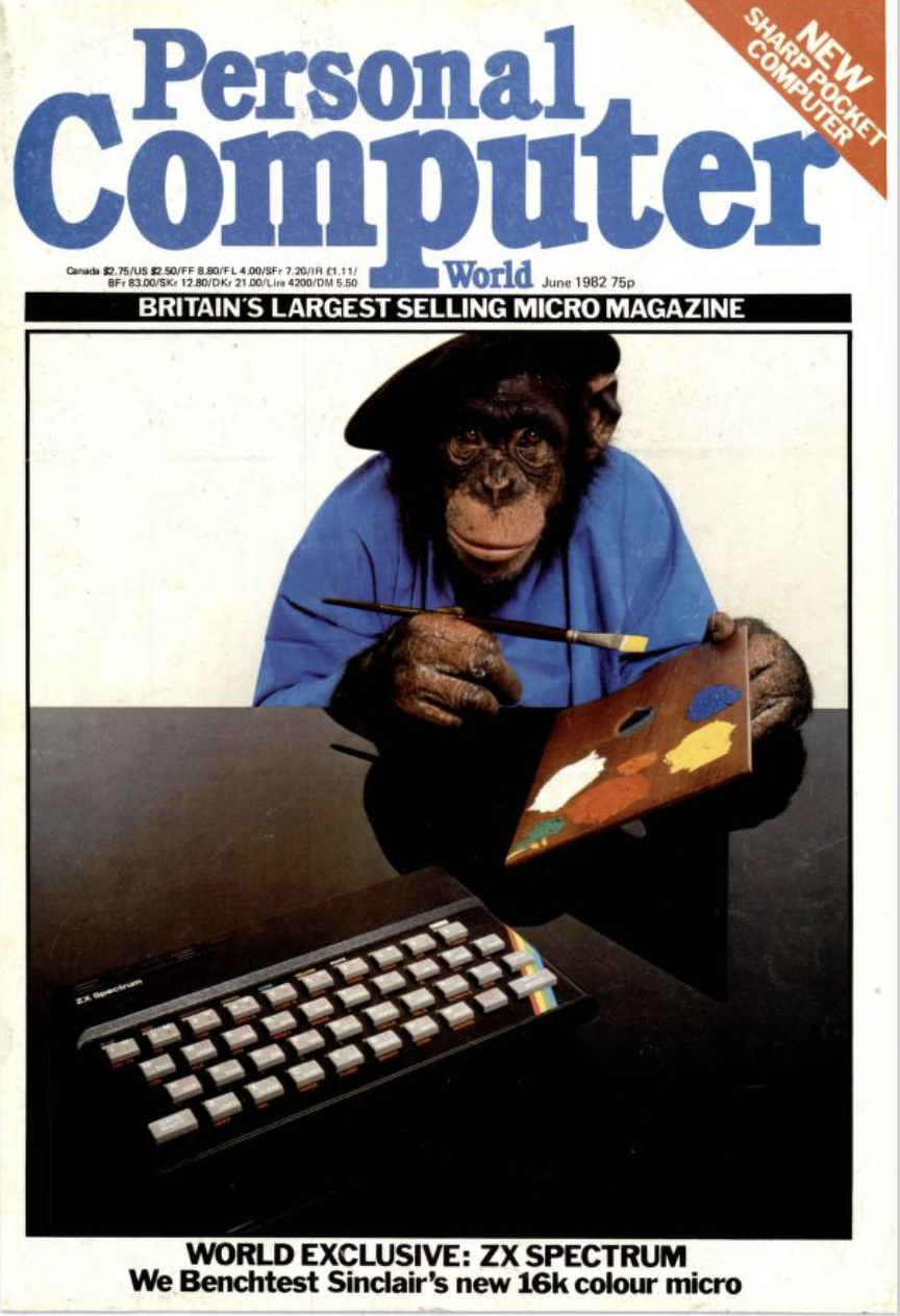 Personal Computer World cover showing a photo of a chimp with an artist's palette and paint brush. A ZX Spectrum is in front of the chimp for no obvious reason