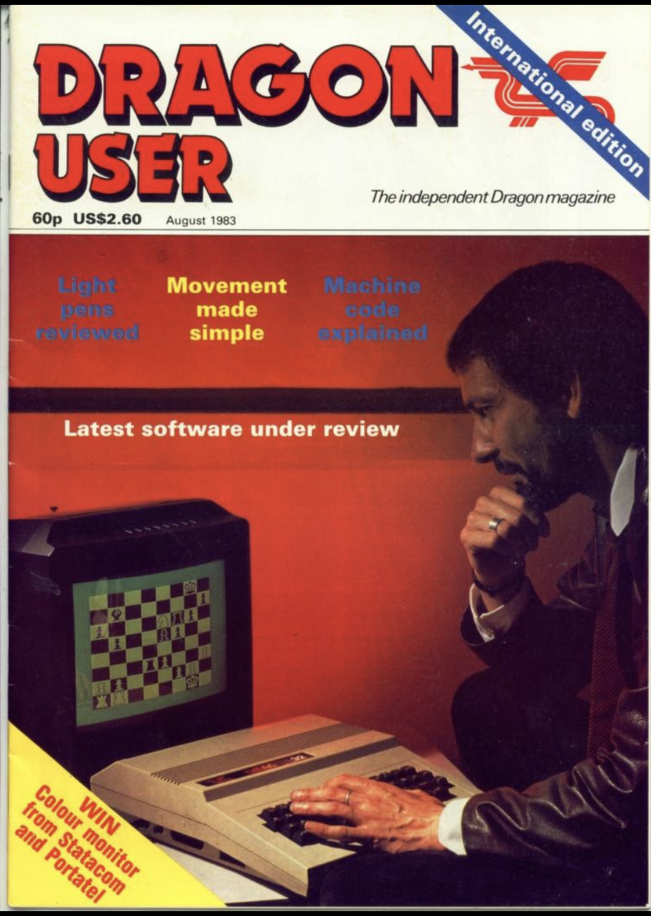 August 1983 cover of Dragon User with bearded man focusing hard on playing chess against a Dragon home computer