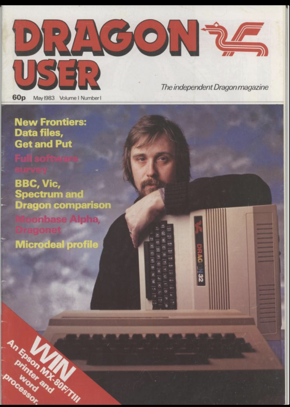 Dragon User magazine cover with bearded man staring wistfully towards the camera whilst propping himself up against a Dragon computer which is standing on its side