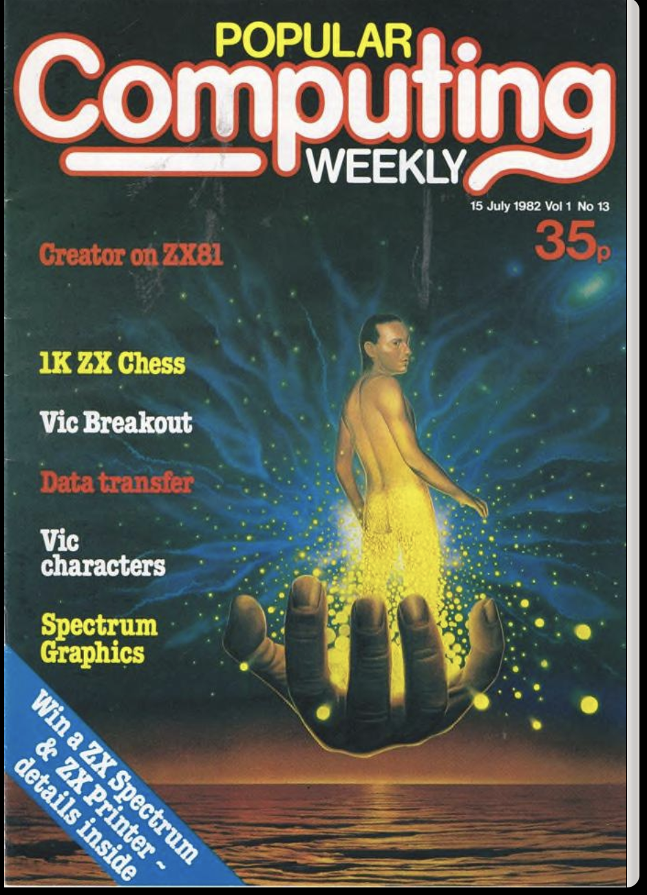 Popular Computing Weekly cover with a bizarre illustration of a human hand upturned with an apparently naked man appearing from a cloud of yellow sparks on the palm