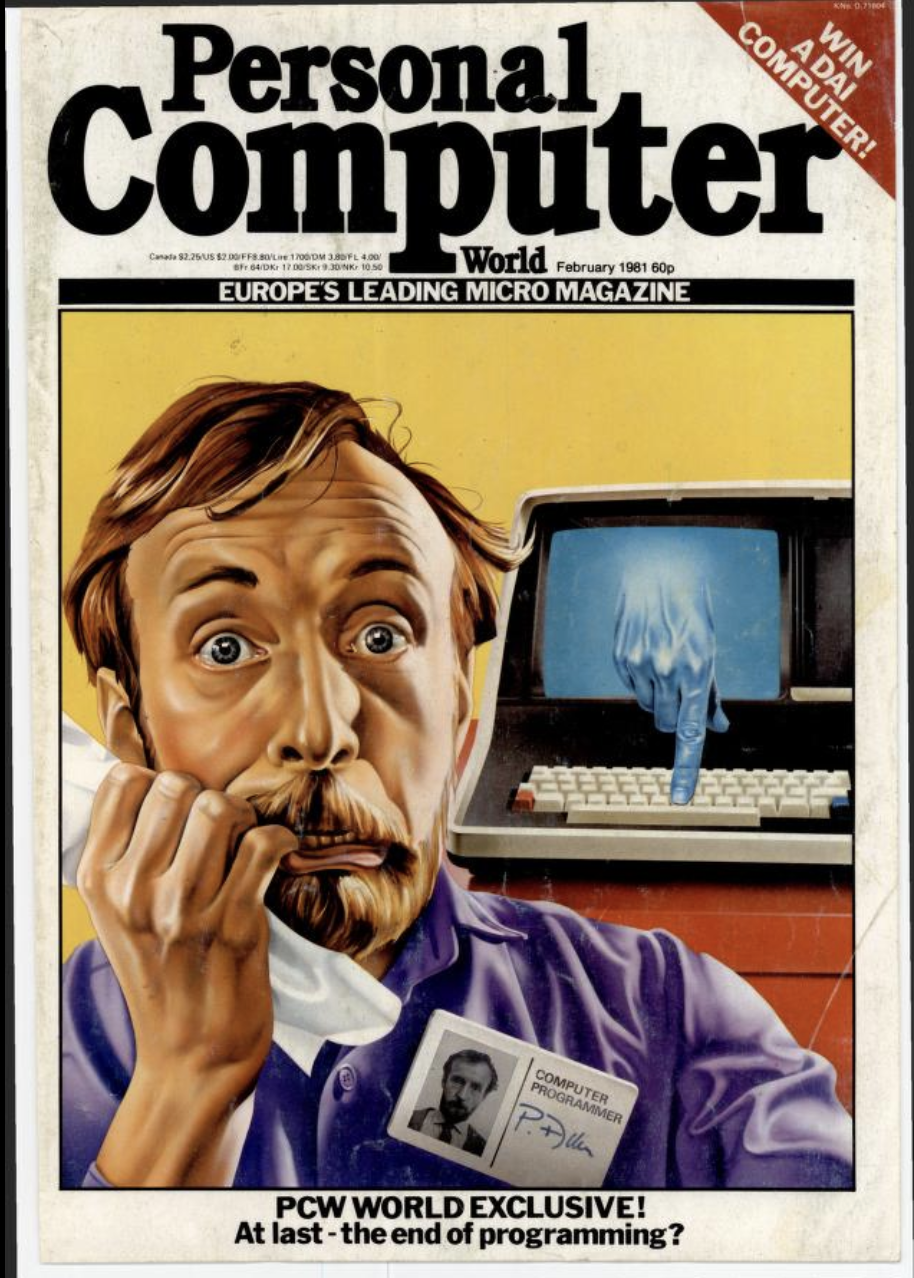 A Personal Computer World cover with a story about "the end of programmer". A hand-drawn colour image shows a scared computer programmer and a computer being programmed by a digital hand coming from its own monitor