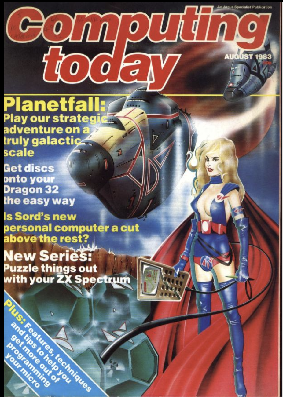 Computing Today with an illustration of a blonde woman in what can only be called bondage leathers and holding a whip