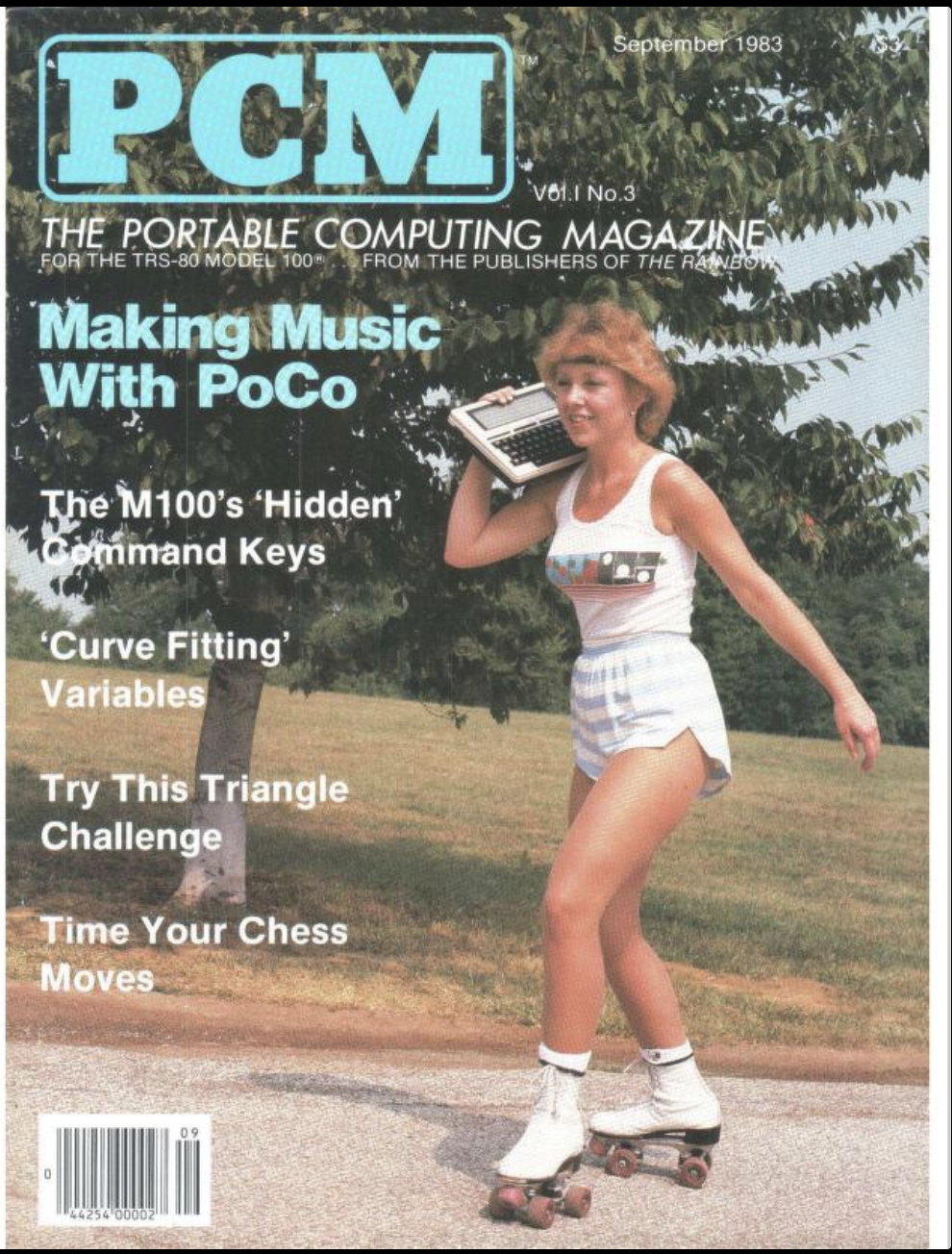 Portable Computing Magazine cover shows a girl in vest top and shorts happily rollerskating through a park with a primitive portable computer on her shoulder