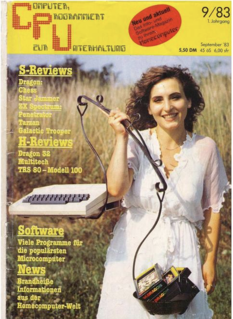 German magazine with a woman in white in a field holding some kind of balancing scale with a Dragon computer on one end and some games in the other